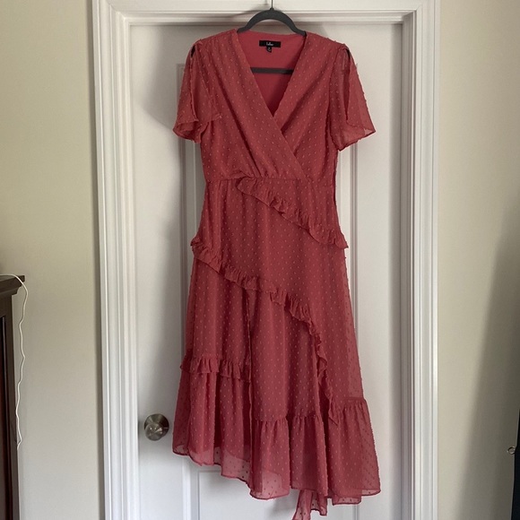 Next to You Rusty Rose Swiss Dot Ruffled Midi Dress - Picture 4 of 13